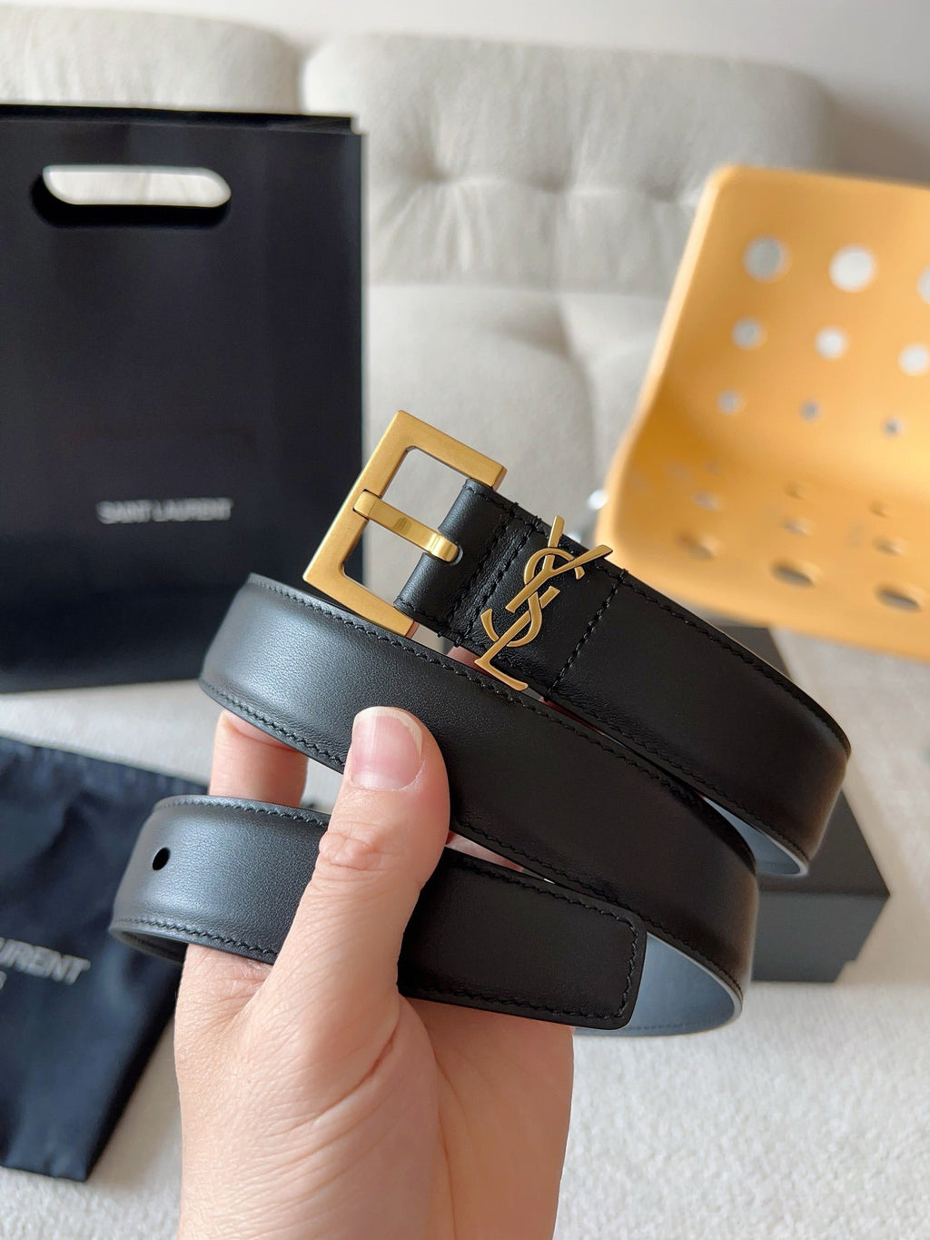 Black Leather Belt with Gold Buckle