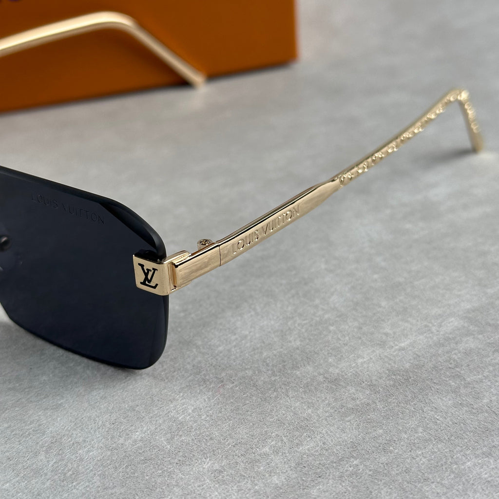 Classic L V Sunglasses Black Lens Gold Frame Rounded Rectangle Shades Unisex