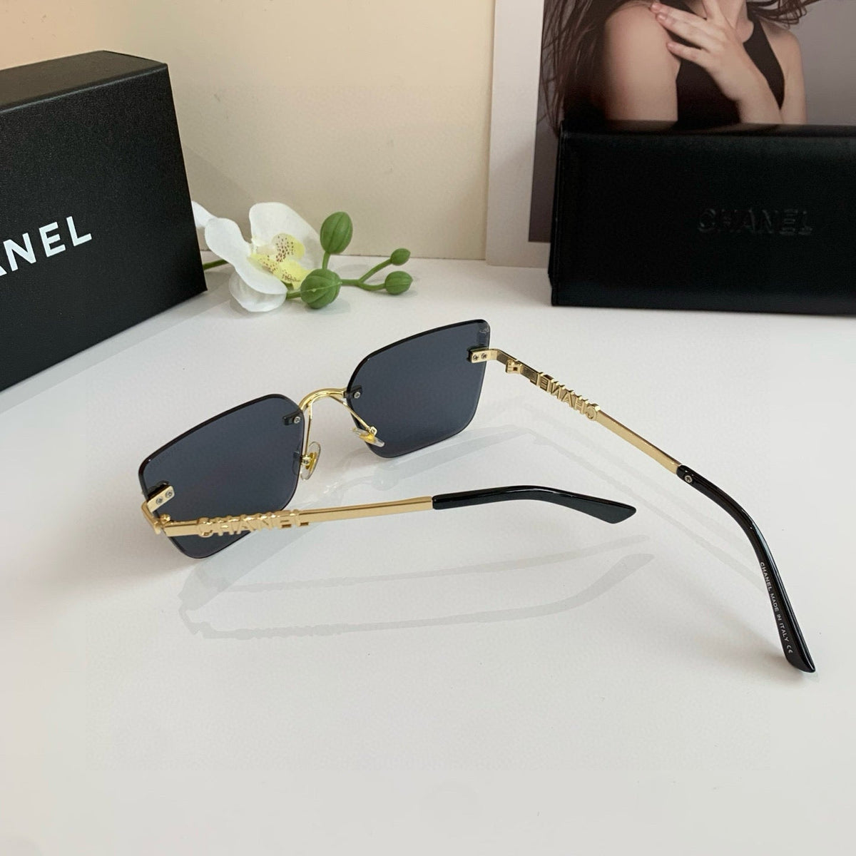 CC Gold-Accented Rimless Square Sunglasses