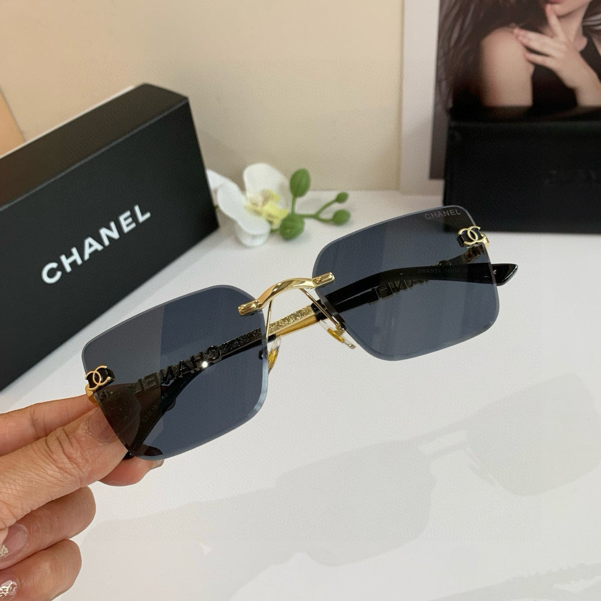 CC Gold-Accented Rimless Square Sunglasses